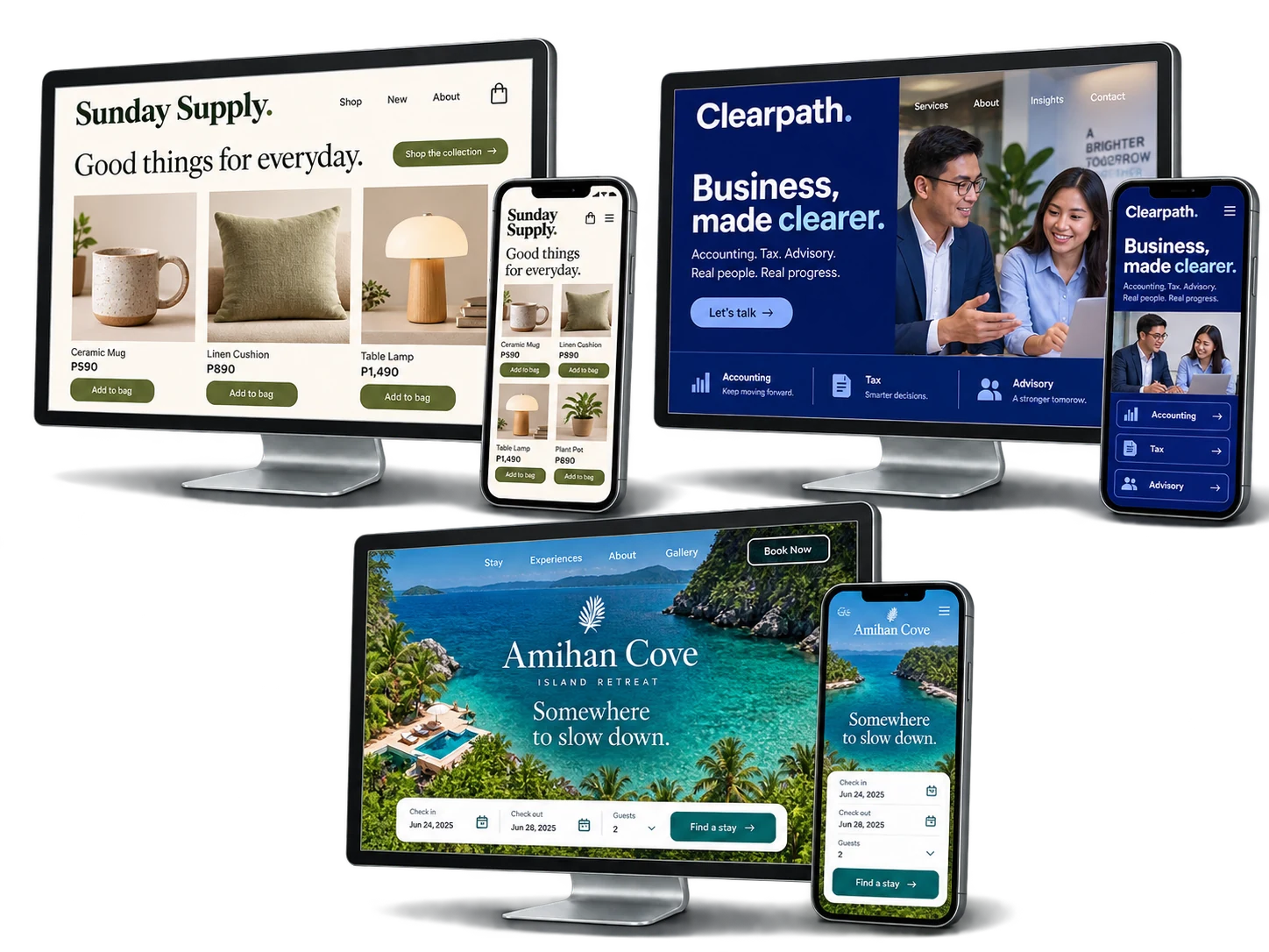 Three different sample websites on desktop computers and matching phones: Sunday Supply ecommerce store with product cards, prices and shopping buttons; Clearpath professional services in bold blue; and Amihan Cove resort with coastal photography and a booking form