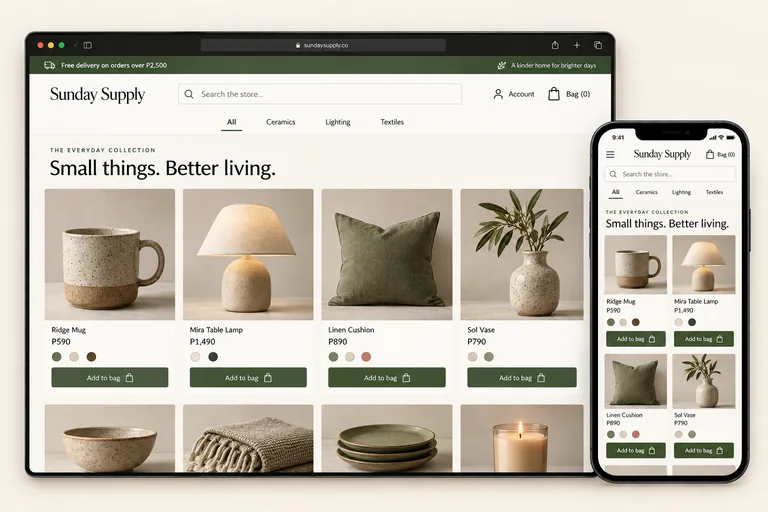 Sunday Supply ecommerce catalog with search, categories, product prices and Add to bag buttons on desktop, plus a matching two-column product grid inside a phone