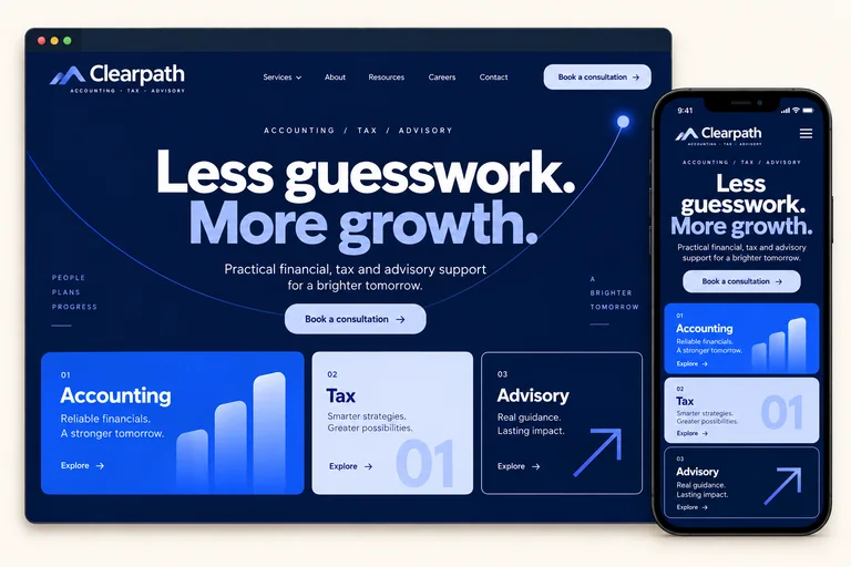 Clearpath services website with bold centered typography and blue geometric service panels on a navy background, shown on desktop and inside a phone