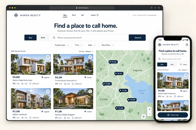 Haven Realty property search with filter controls, listing cards and a map on desktop, plus a matching mobile listing layout inside a phone