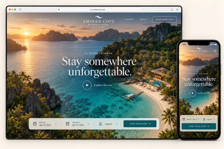 Amihan Cove resort website with a full-screen sunset cove photograph, centered white headline and floating booking bar on desktop, with a matching immersive mobile design inside a phone