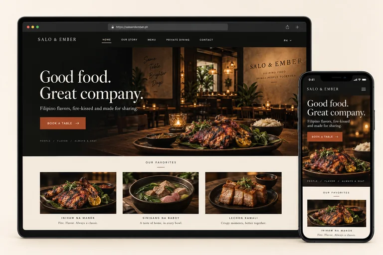 A charcoal restaurant website with food photography on desktop and a matching mobile layout inside a black phone