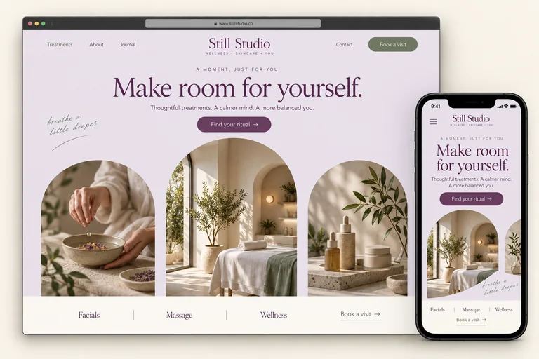 Still Studio wellness website with centered plum typography, a lilac background and three arched photographs on desktop, plus a matching mobile design inside a phone
